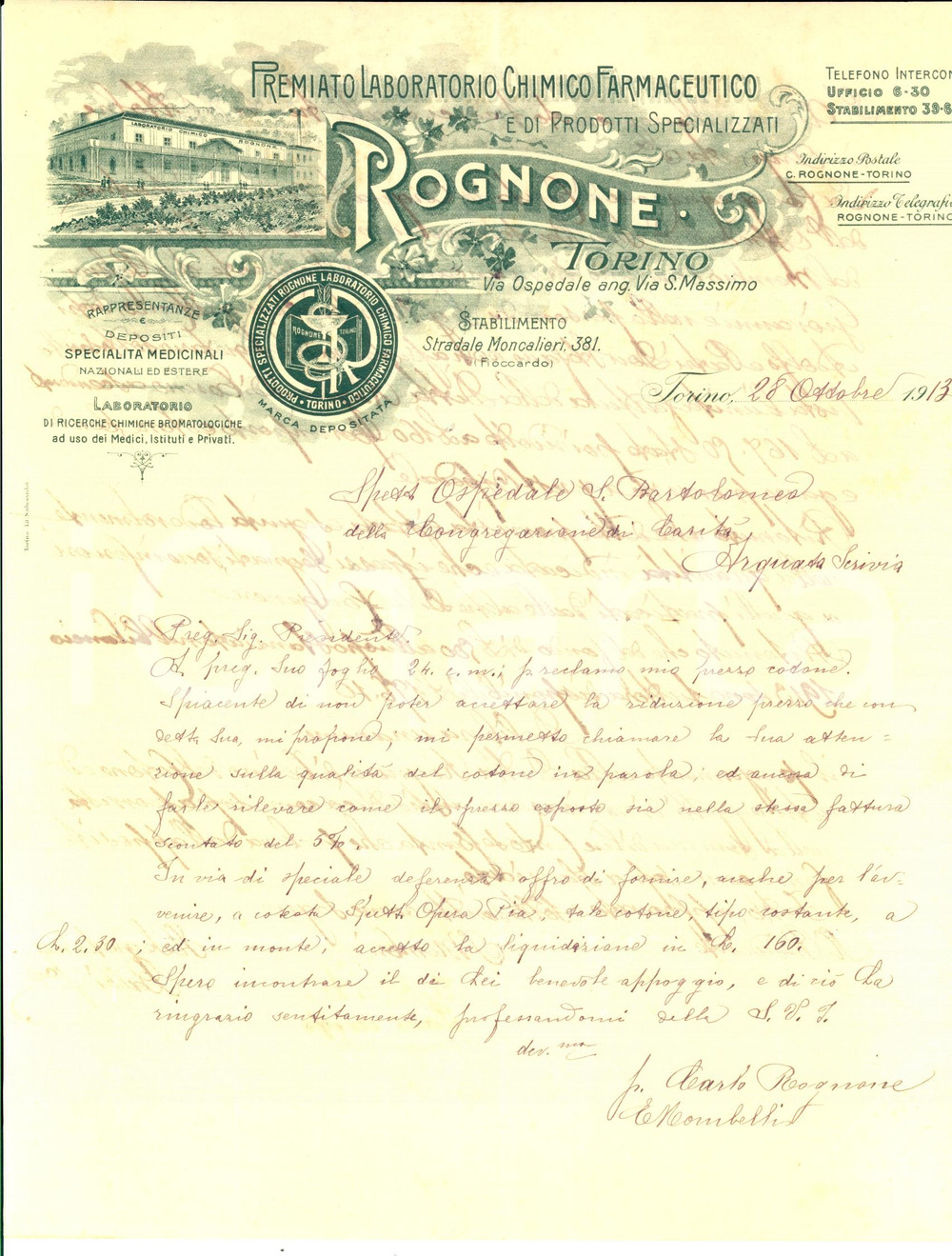 Manoscritto, lettera originale 1913 TORINO Farmaceutica ROGNONE vende cotone a ospedale ARQUATA SCRIVIA 1