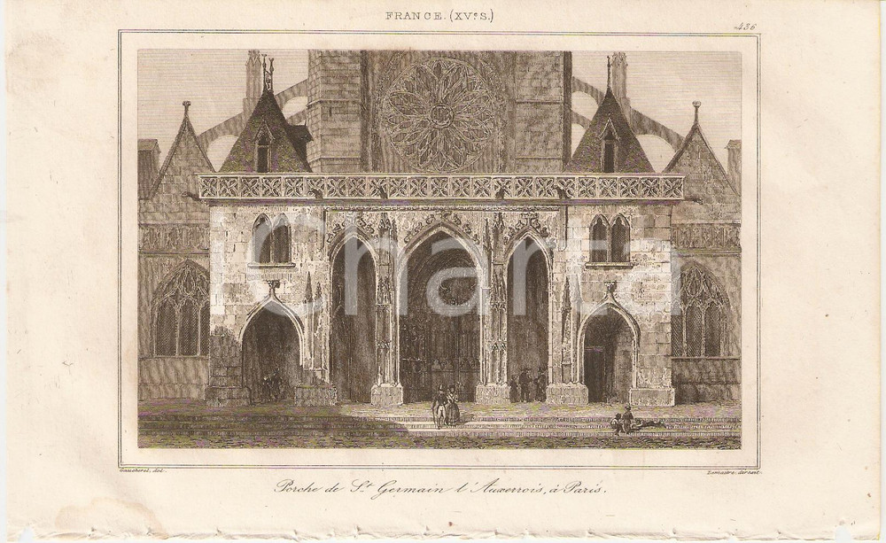 Stampa, bozzetto originale 1840 PARIS Porche de CathÃ©drale SAINT GERMAIN L'AUXERROIS *Stampa inc. LEMAITRE 1