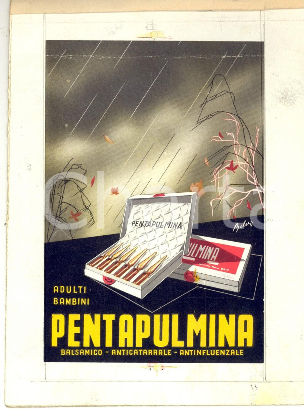 Materiale pubblicitario d’epoca 1960 ca PENTAPULMINA Balsamico Bozzetto pubblicitÃ  FARMACEUTICA RARA 1