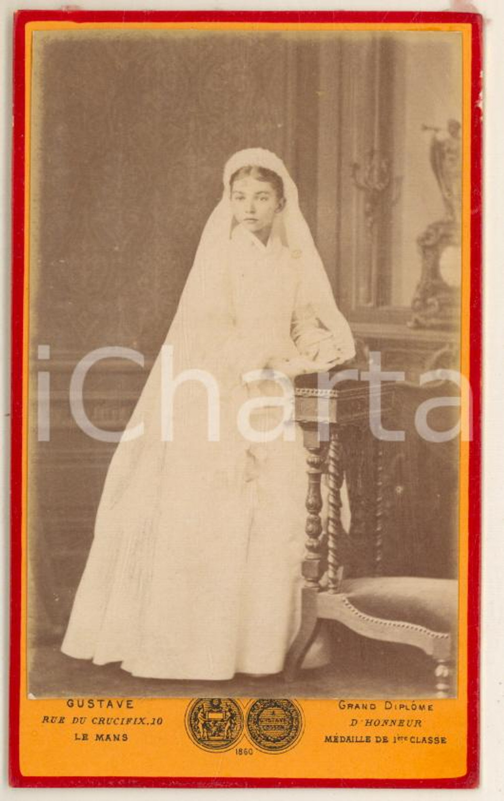 Fotografia d'epoca originale 1870 ca LE MANS (F) Ritratto di bambina alla Prima Comunione *Fotografia GUSTAVE 1