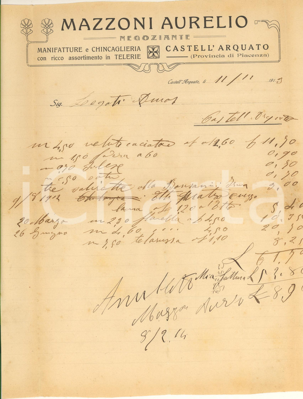 Documento originale, autentico 1913 CASTELL'ARQUATO (PC) Aurelio MAZZONI Manifatture e chincaglieria *Fattura 1