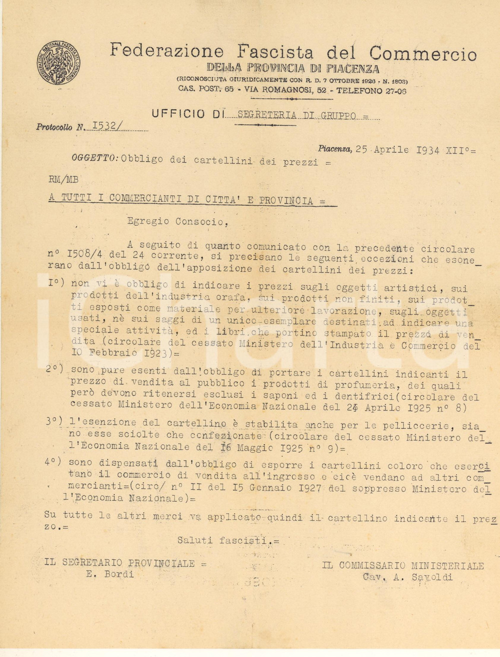 Documento originale, autentico 1934 PIACENZA Norme su esposizione prezzi per oggetti d arte e profumi 1