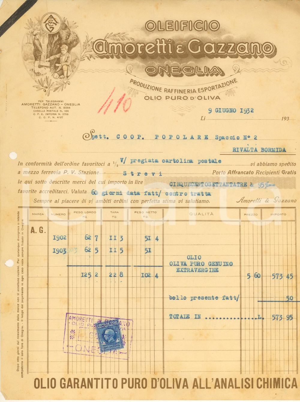 Documento originale, autentico 1932 ONEGLIA IM Oleificio AMORETTI & GAZZANO olio puro d oliva Fattura 1