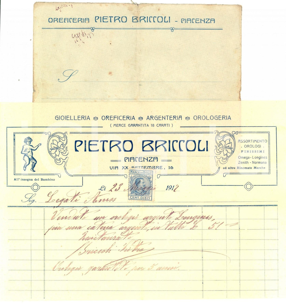 Documento originale, autentico 1912 PIACENZA Pietro BRICCOLI Gioielleria oreficeria argenteria Fattura 1