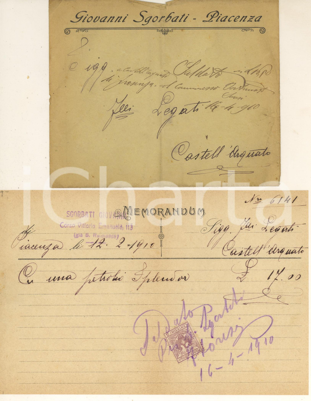 Documento originale, autentico 1910 PIACENZA Giovanni SGORBATI vendita petrolio SPLENDOR Fattura 1