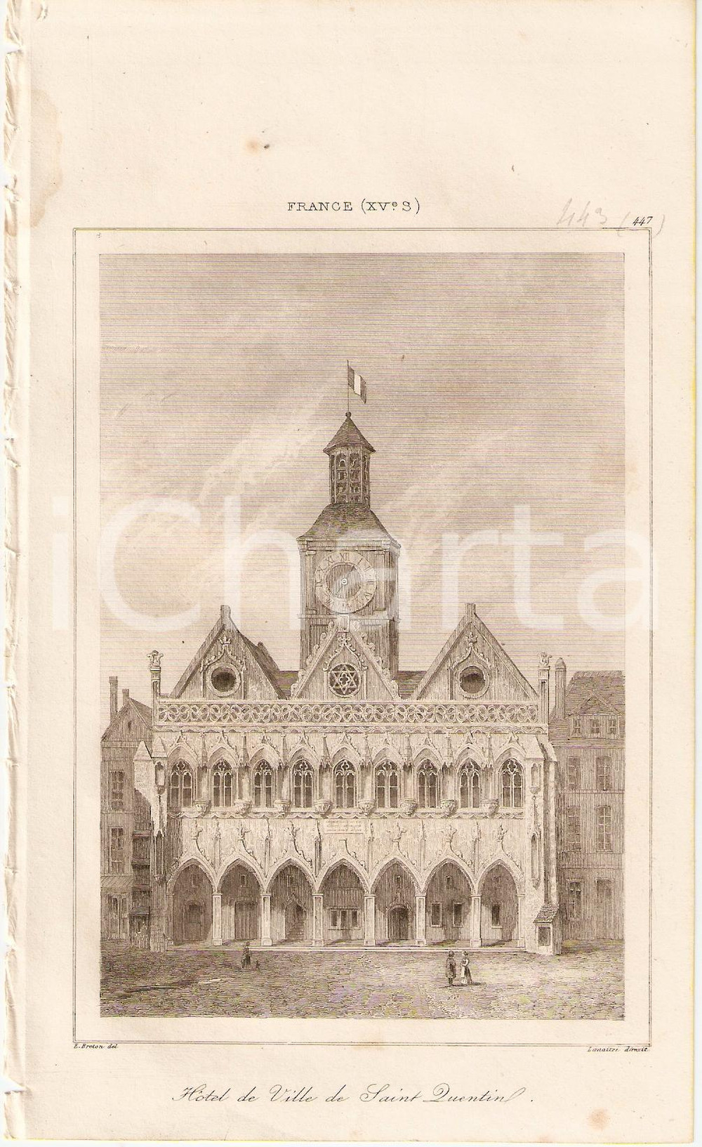 Stampa, bozzetto originale 1840 SAINT QUENTIN (FRANCE) Hotel de la Ville - L'Univers *Stampa inc. LEMAITRE 1