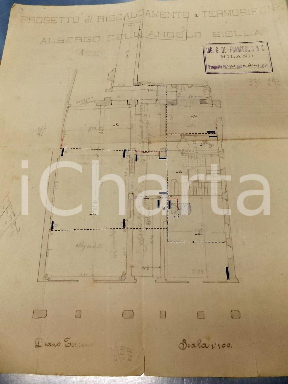 Mappa, planimetria storica 1908 BIELLA Albergo ANGELO Progetto riscaldamento a termosifone DE FRANCESCHI 1