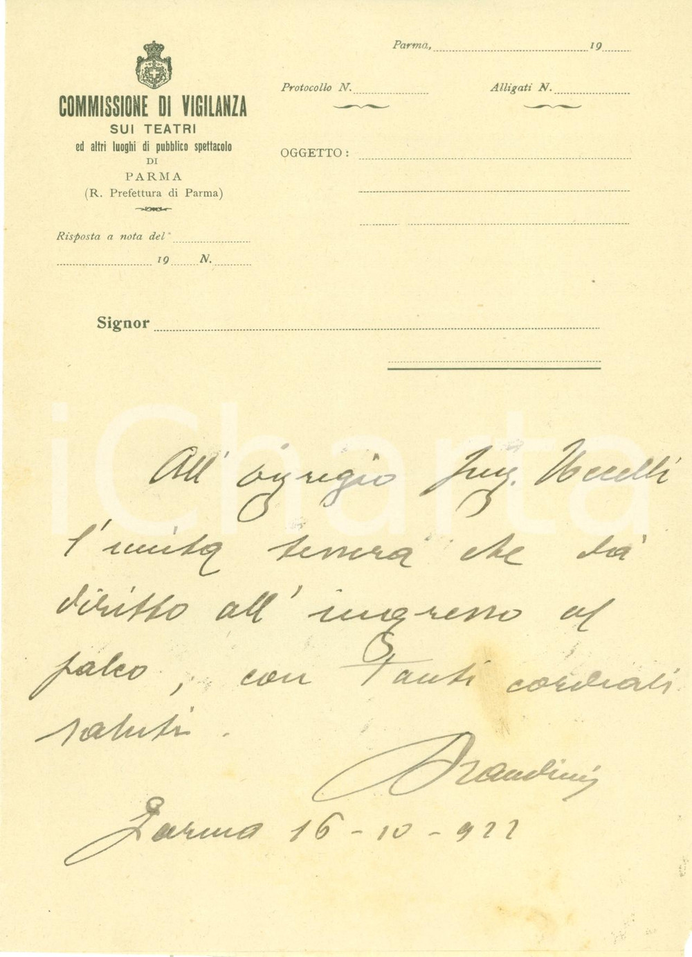 Documento originale, autentico 1922 PARMA Ing. Giovanni UCCELLI ha diritto al palco a teatro *Lettera 1