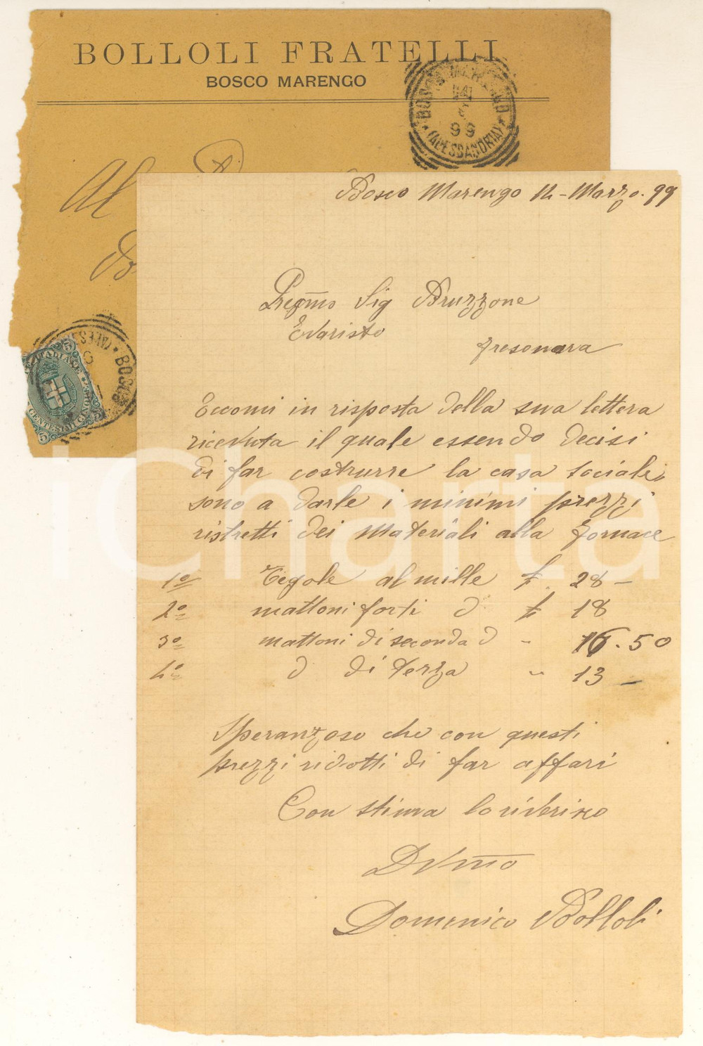 Documento originale, autentico 1899 BOSCO MARENGO AL Preventivo Domenico BOLLOLI per materiali fornace 1