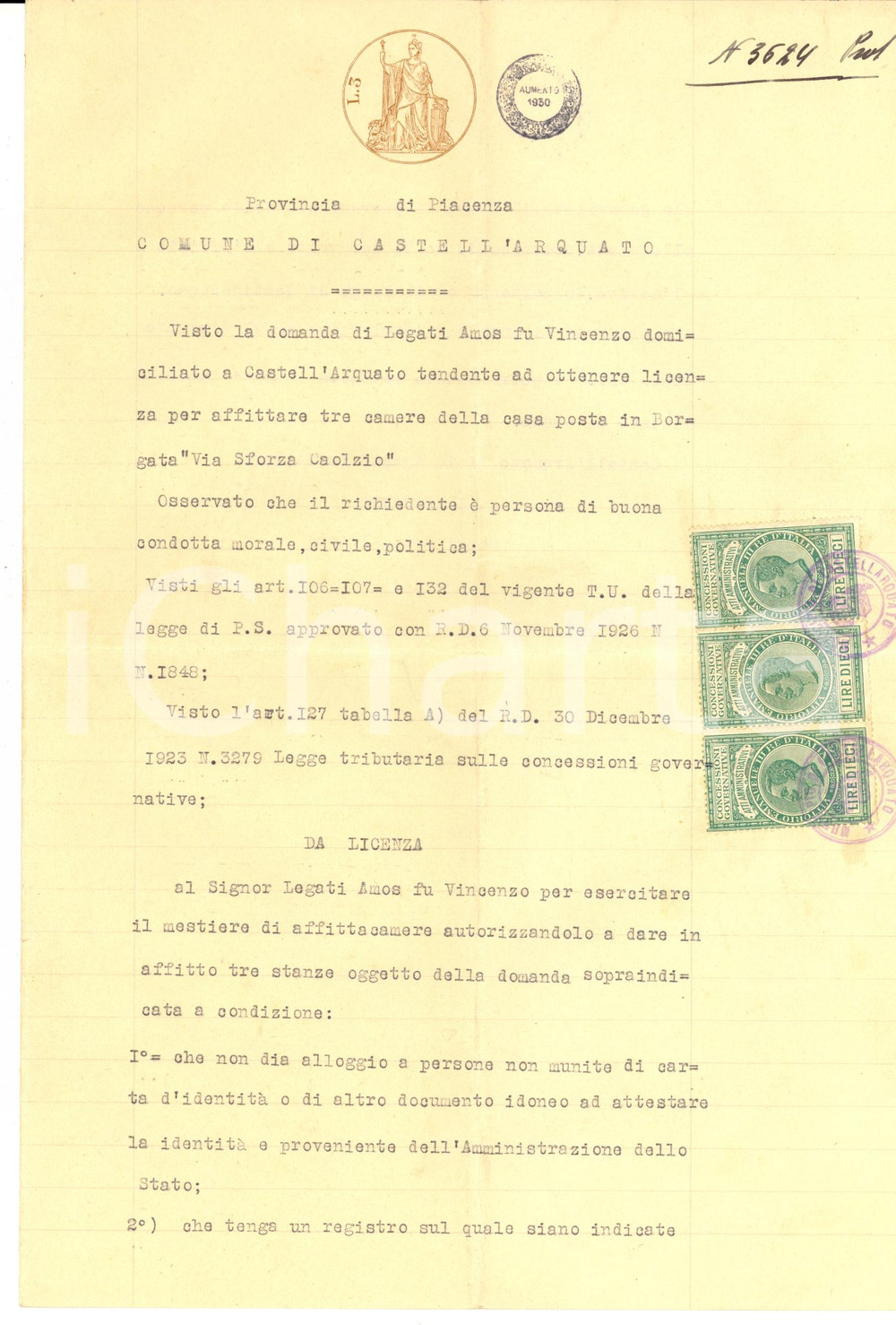 Documento originale, autentico 1930 CASTELL ARQUATO PC Licenza affittacamere ad Amos LEGATI Documento 1