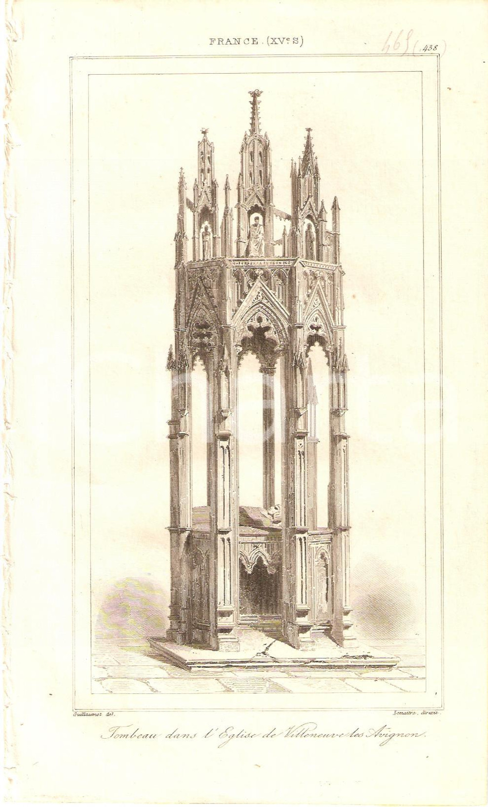 Stampa, bozzetto originale 1840 VILLENEUVELESAVIGNON F NotreDame Tombeau Cardinal DE VIA Inc. LEMAITRE 1