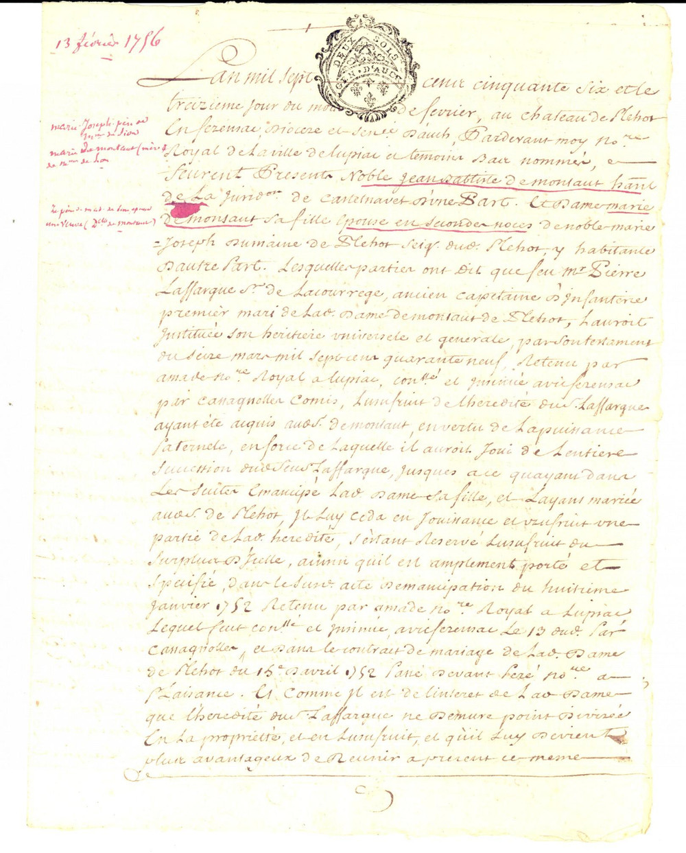 Documento originale, autentico 1756 VICFEZENSAC F Jean Baptiste de MONTAUT cede usufrutto alla figlia 1