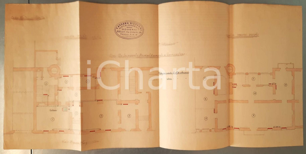 Mappa, planimetria storica 1910 ca BIELLA Giuseppe TARABBO Progetto riscaldamento termosifone per Casa VALZ 1
