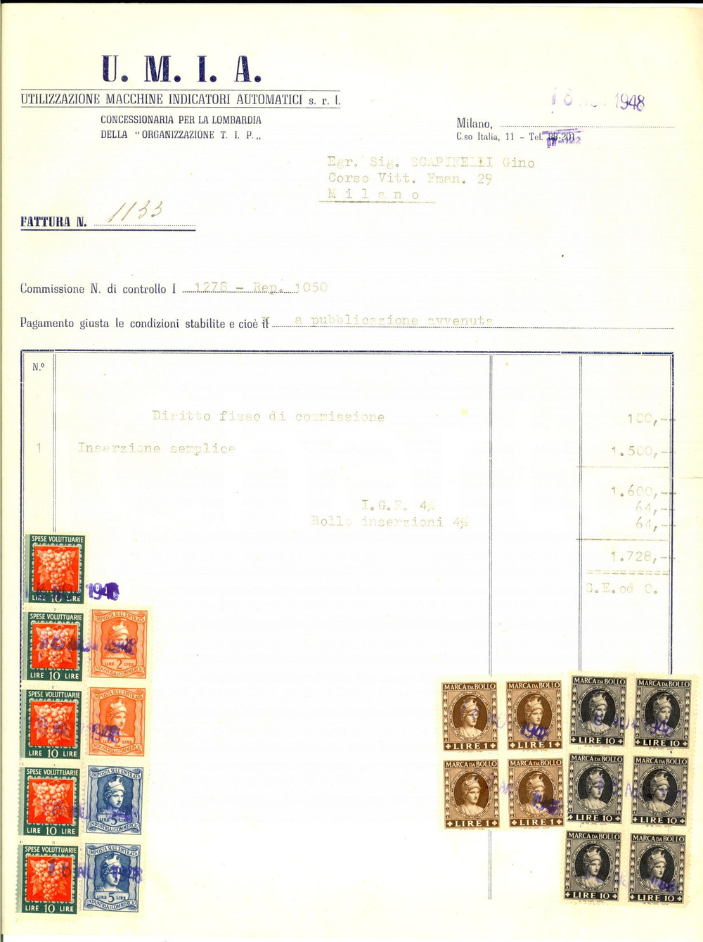 Documento originale, autentico 1948 MILANO UMIA Utilizzazione Macchine Indicatori Automatici Fattura bolli 1