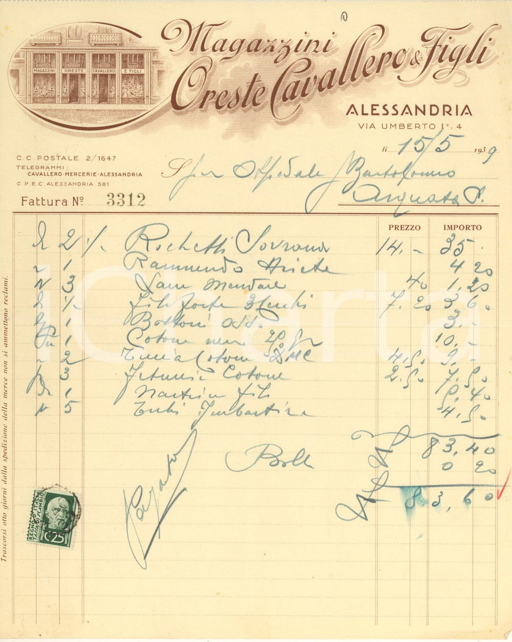 Documento originale, autentico 1939 ALESSANDRIA Magazzini Oreste CAVALLERO & Figli *Fattura intestata 1