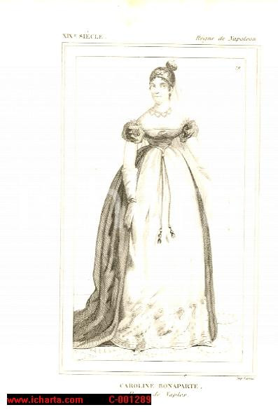 Stampa, bozzetto originale 1852 REGNE DE NAPOLEON Costumes français Caroline BONAPARTE Reine de Naples Inc. 1