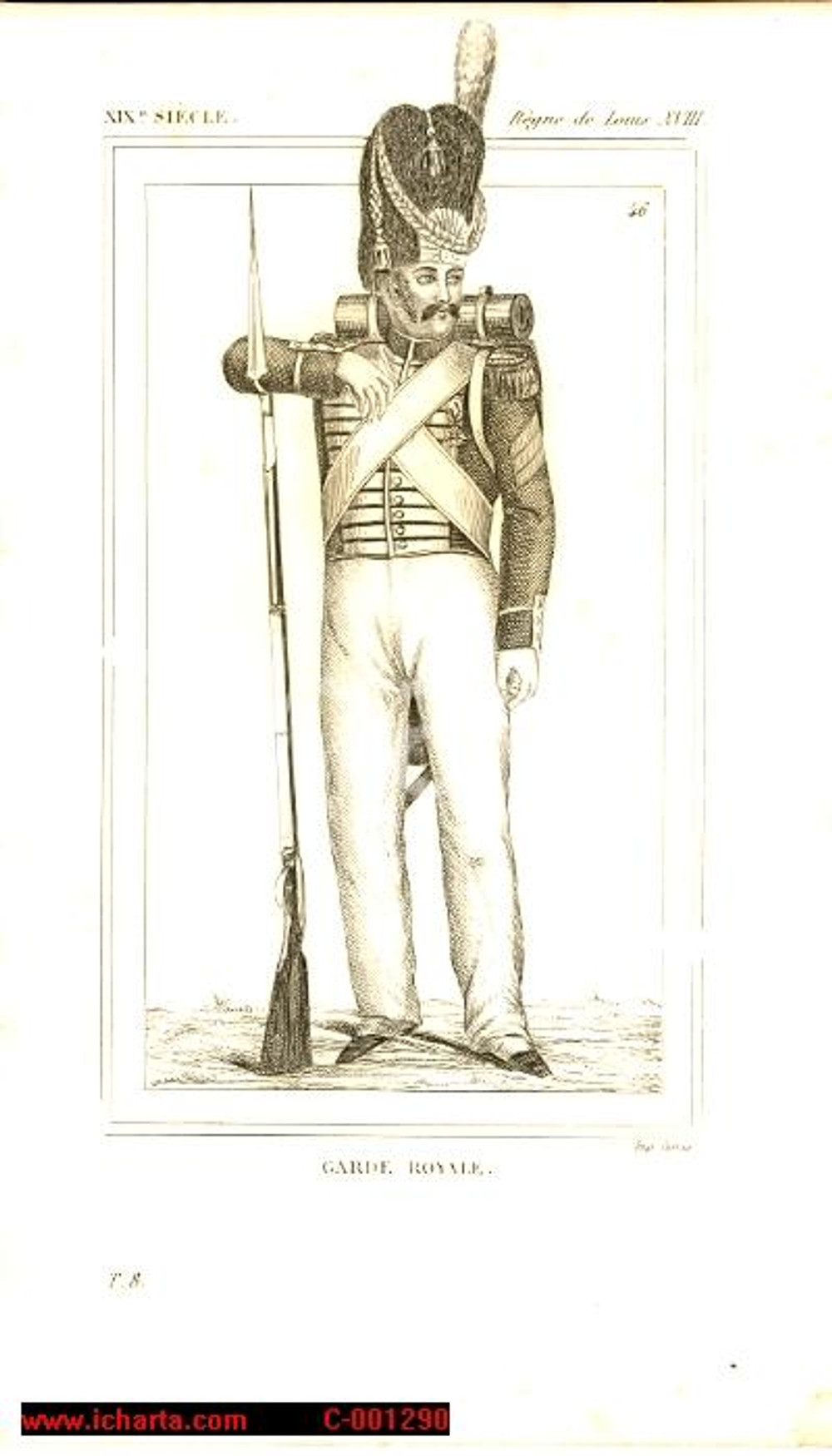 Stampa, bozzetto originale 1852 REGNE DE LOUIS XVIII Costume franÃ§ais - Garde royale *Inc. CAMUS 1