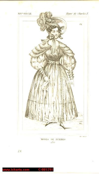 Stampa, bozzetto originale 1852 COSTUME FRANCAIS Modes des femmes en 1830 Gravure 1