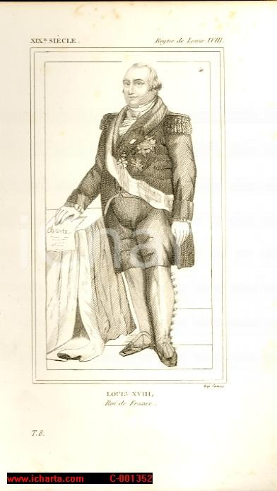 Stampa, bozzetto originale 1852 REGNE LOUIS XVIII Roi de FRANCE Charte Constitutionnelle Costumes franÃ§ais 1