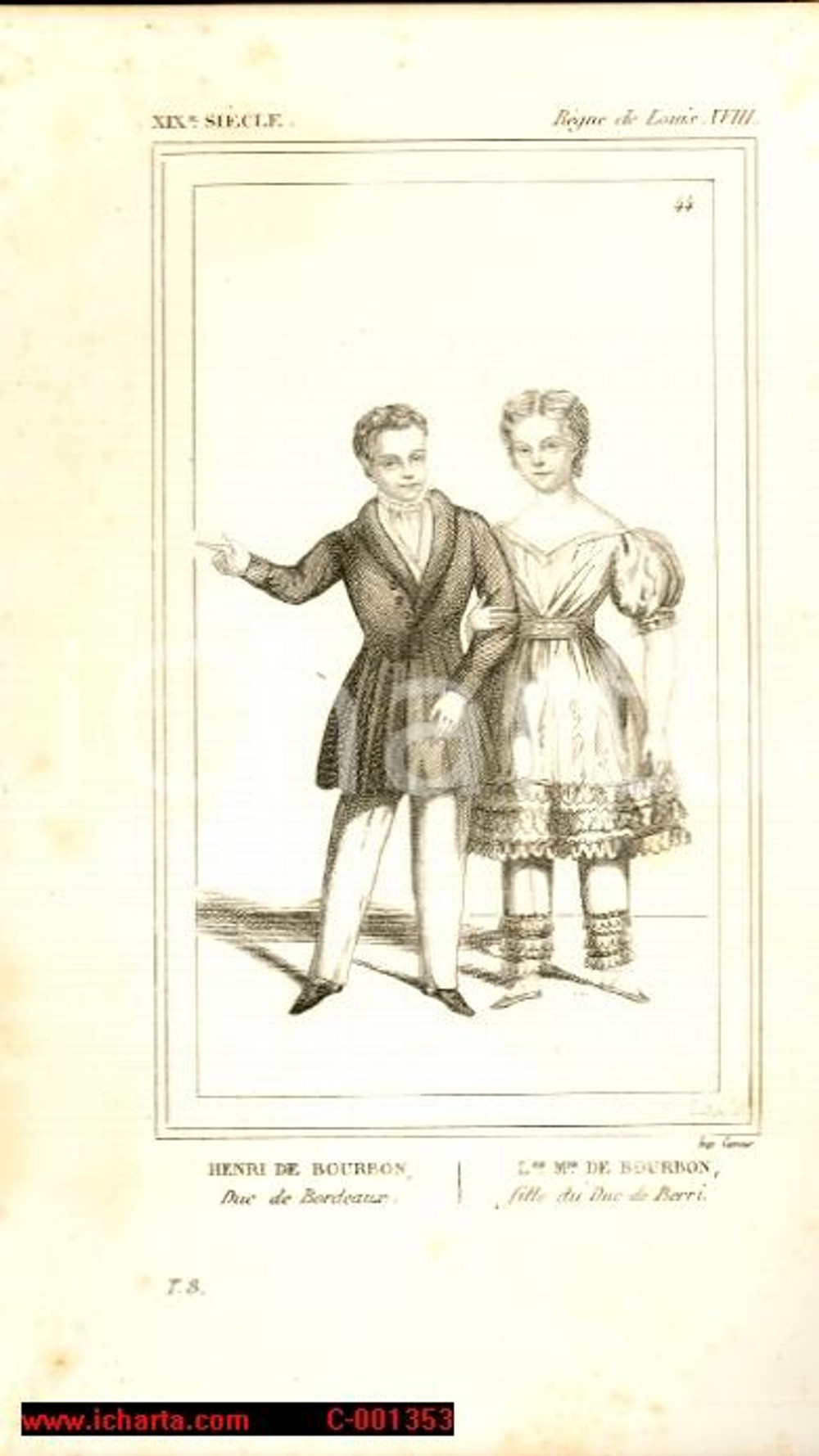 Stampa, bozzetto originale 1852 REGNE LOUIS XVIII Costumi francesi Henri et Louise Marie DE BOURBON Gravure 1