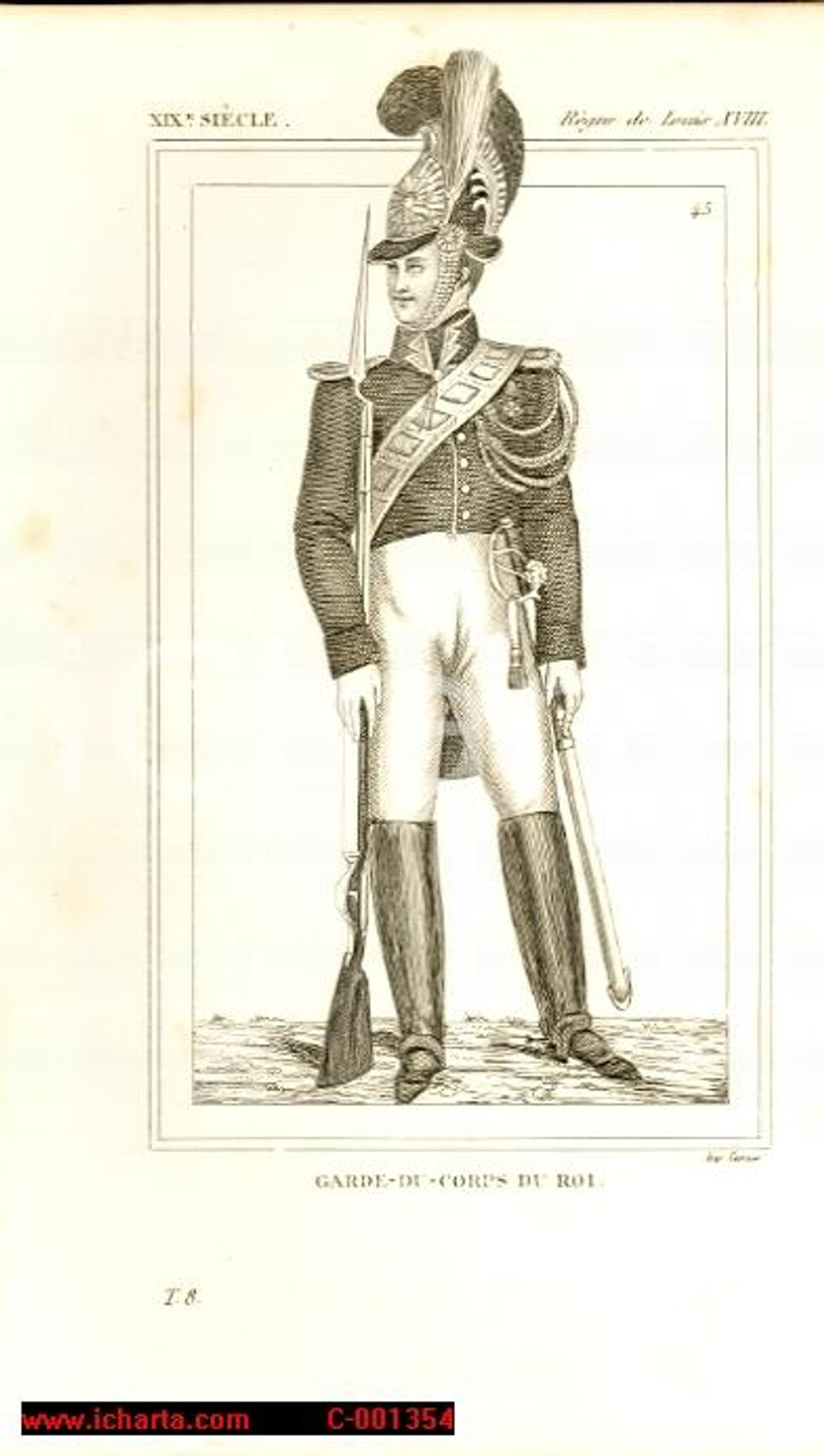 Stampa, bozzetto originale 1852 REGNE LOUIS XVIII Costume franÃ§ais Garde du corps du Roi Gravure CAMUS 1