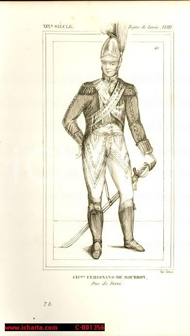 Stampa, bozzetto originale 1852 REGNE LOUIS XVIII Costumes franÃ§ais Charles Ferdinand DE BOURBON Gravure 1
