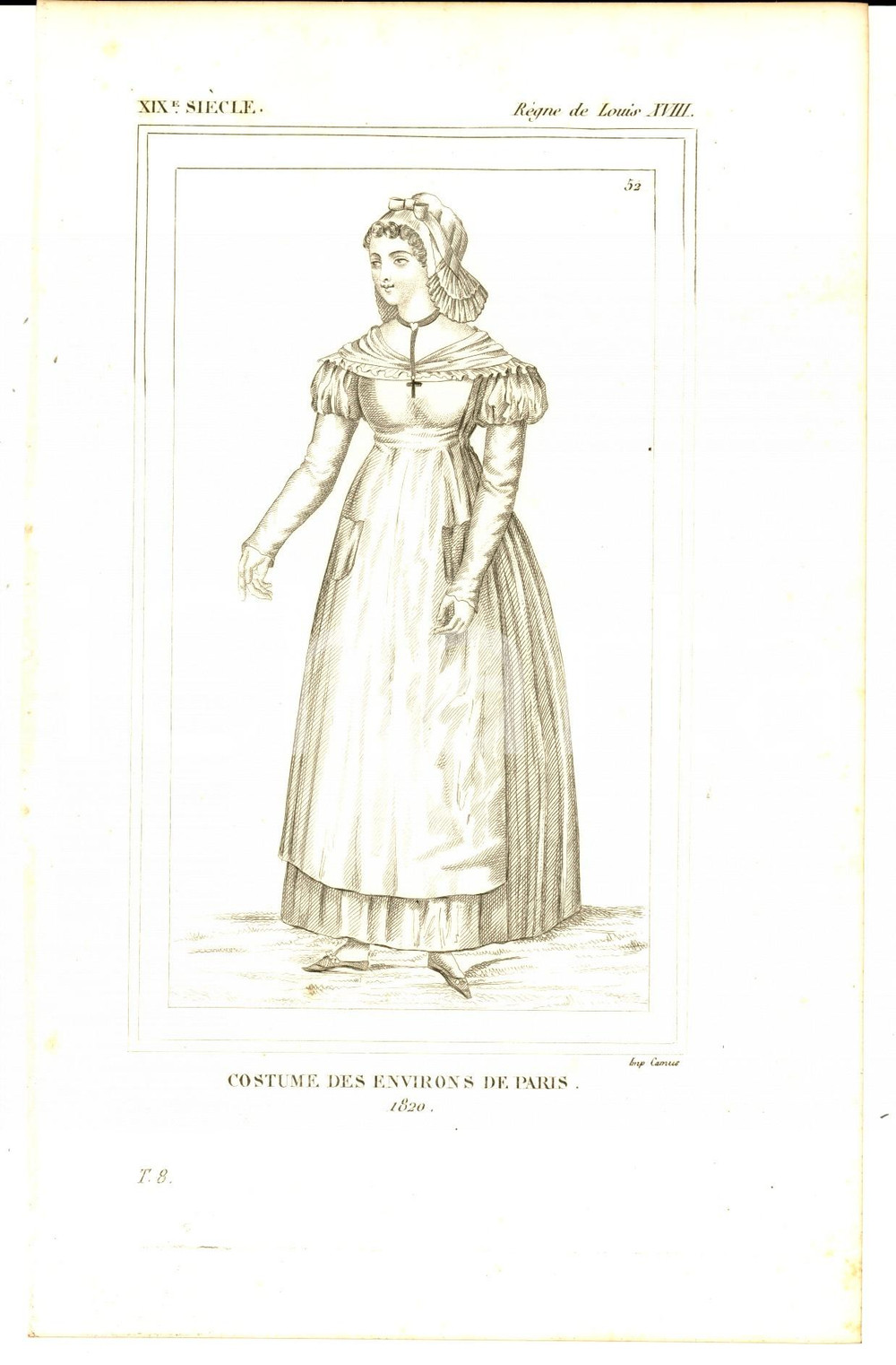 Stampa, bozzetto originale 1852 REGNE LOUIS XVIII Costumes franÃ§ais  Femme environ de Paris 1820 Gravure 1