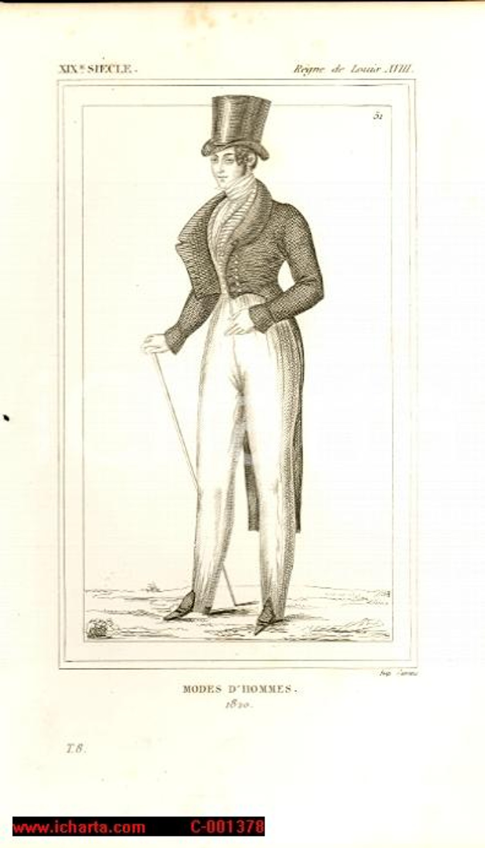 Stampa, bozzetto originale 1852 REGNE DE LOUIS XVIII Costume franÃ§ais  Modes d Hommes en 1820 Gravure 1