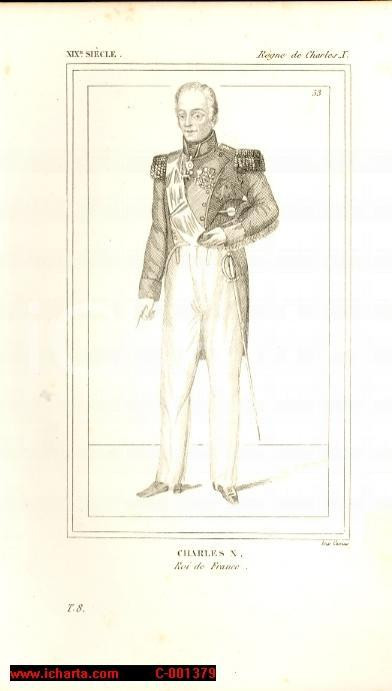 Stampa, bozzetto originale 1852 REGNE DE CHARLES X Roi de FRANCE  Costumes franÃ§ais Gravure Inc. CAMUS 1