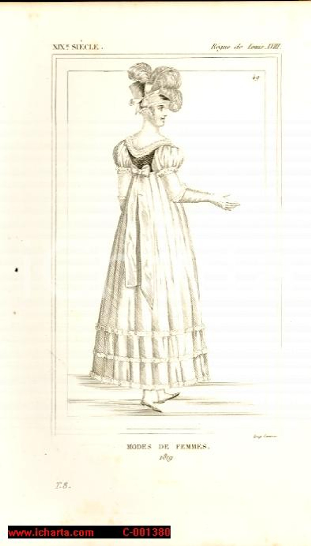 Stampa, bozzetto originale 1852 REGNE DE LOUIS XVIII Costume franÃ§ais Modes des femmes en 1819 Gravure 1