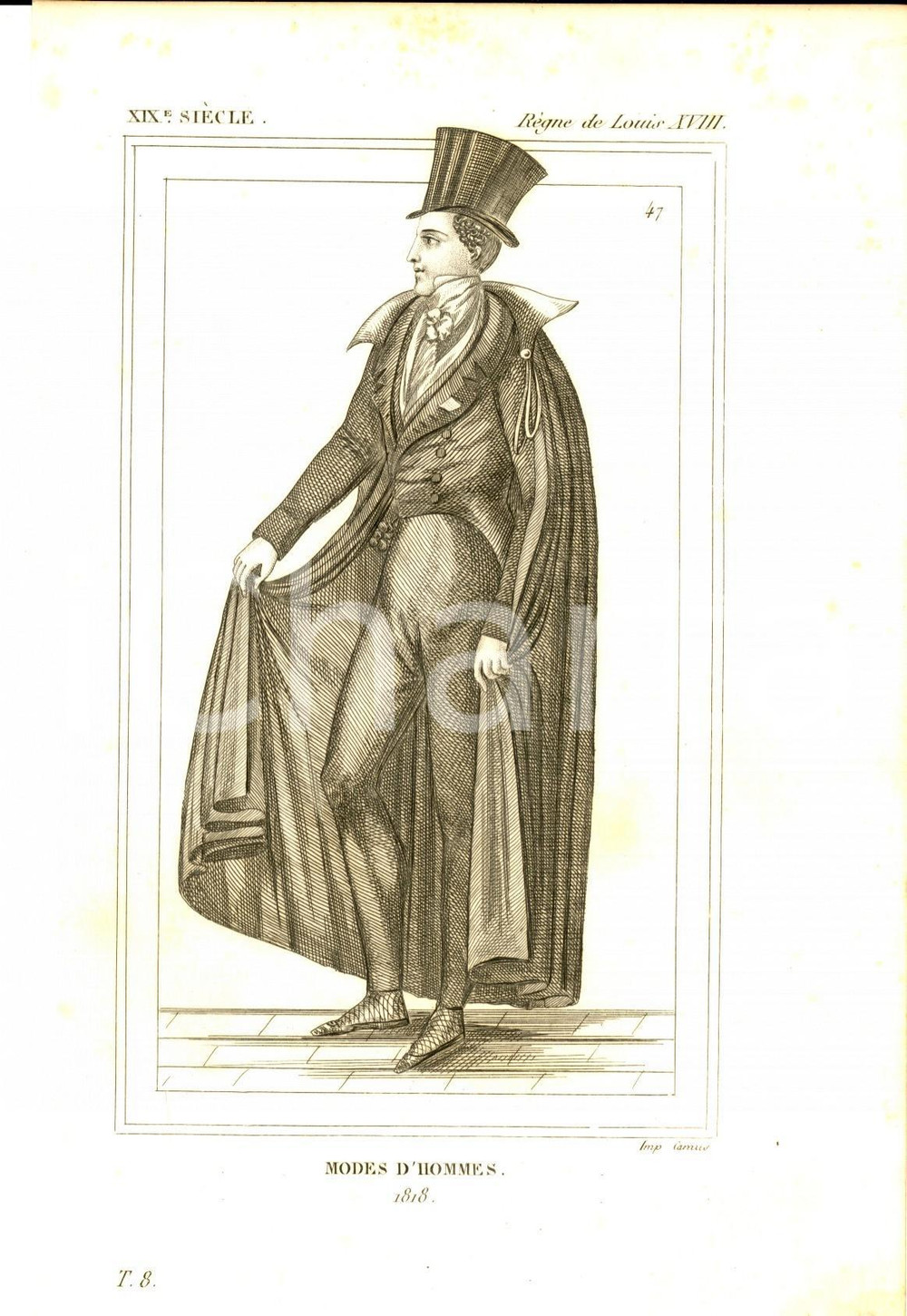 Stampa, bozzetto originale 1852 REGNE LOUIS XVIII Costumes franÃ§ais  Modes d hommes 1818 Gravure 1