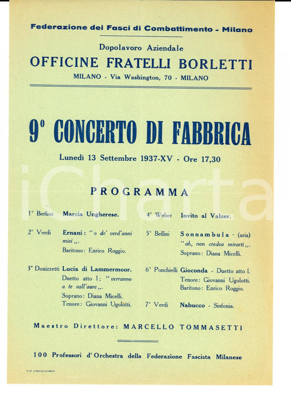 Documento originale, autentico 1937 MILANO Officine FRATELLI BORLETTI Concerto di fabbrica Marcello TOMMASETTI 1