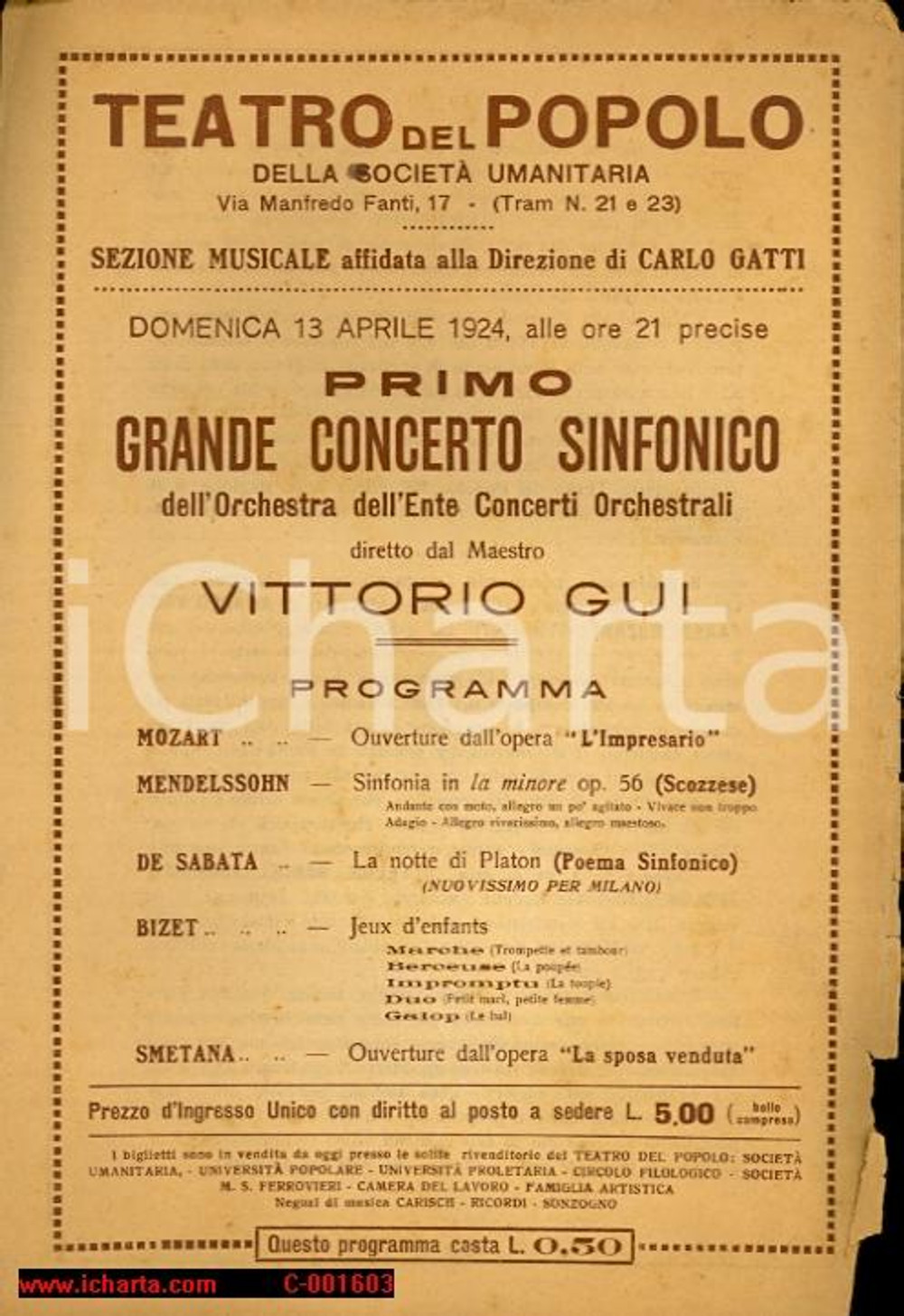 Materiale pubblicitario d’epoca 1924 MILANO Concerto maestro Vittorio GUI al Teatro del Popolo *Programma 1