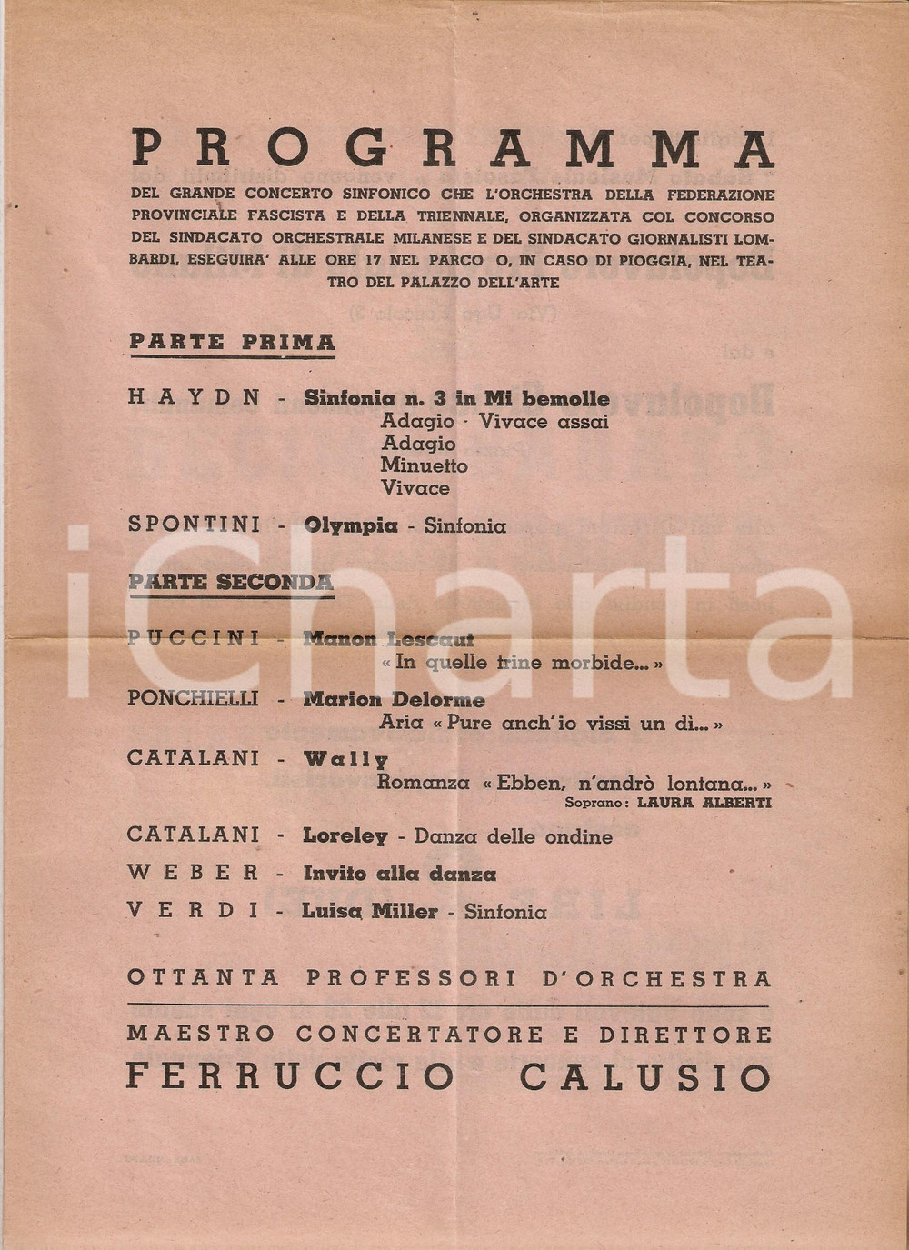 Materiale pubblicitario d’epoca 1936 MILANO Ferruccio CALUSIO - Decimo Sabato Musicale Fascista OND *Programma 1