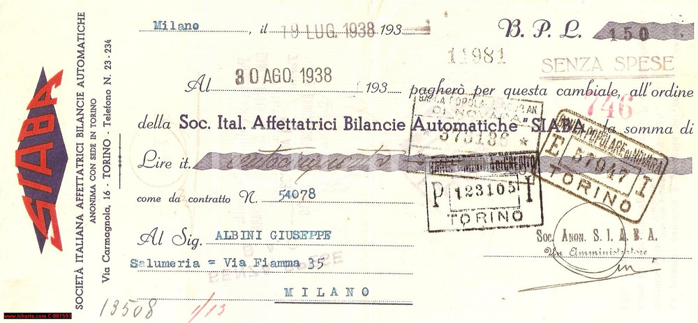 Materiale pubblicitario d’epoca 1938 MILANO SIABA Società  affettatrici  CAMBIALE PUBBLICITARIA 1