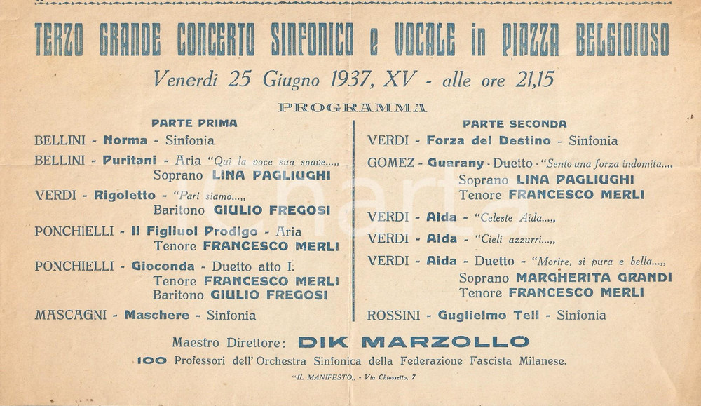 Materiale pubblicitario d’epoca 1937 MILANO Concerto sinfonico diretto da Dik MARZOLLO soprano Lina PAGLIUGHI 1