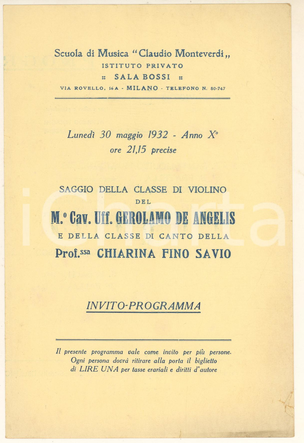 Materiale pubblicitario d’epoca 1932 MILANO Scuola MONTEVERDI Saggio della classe di Gerolamo DE ANGELIS 1