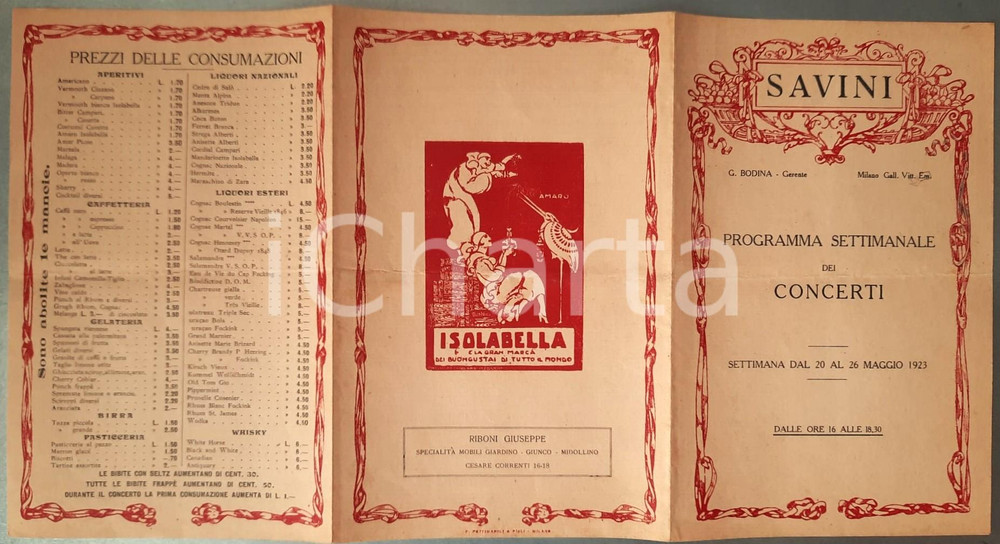Materiale pubblicitario d’epoca 1923 MILANO Galleria Vittorio Emanuele Concerti da SAVINI 1