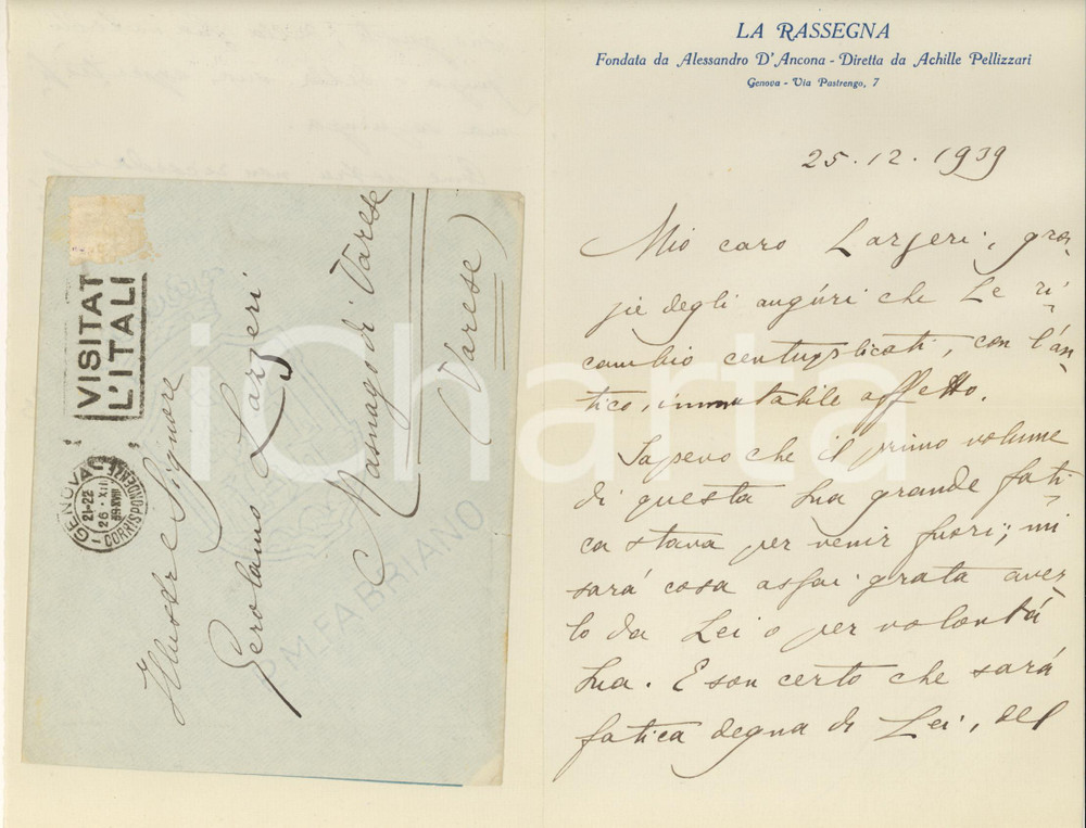 Autografo originale 1939 GENOVA Achille PELLIZZARI si congratula con LAZZERI per Storia Letteratura 1