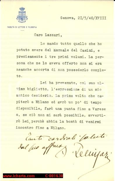 Autografo originale 1940 GENOVA Achille PELLIZZARI invia volumi Tommaso CASINI a Gerolamo LAZZERI 1