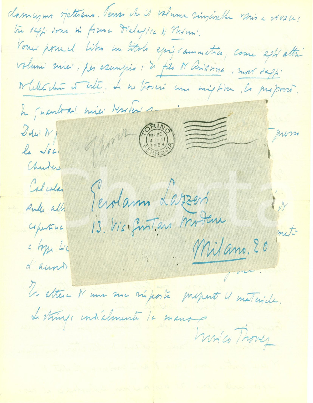 Autografo originale 1924 TORINO Enrico THOVEZ promette volume di saggi a LAZZERI Autografo 1