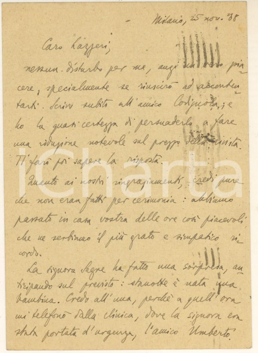 Autografo originale 1938 Vittorio Enzo ALFIERI su nascita figlia di Umberto SEGRE Autografo 1