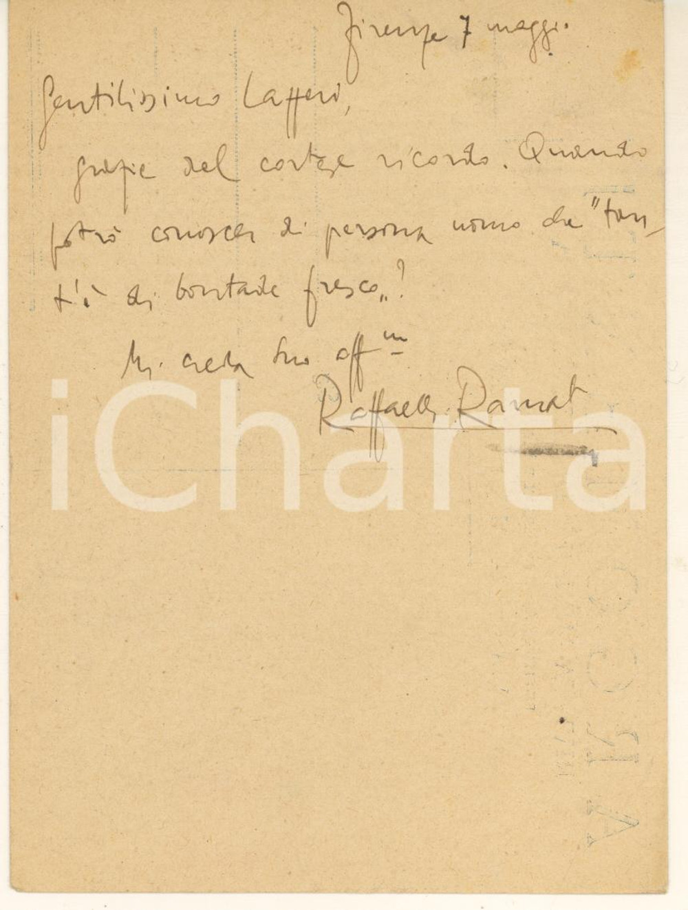 Autografo originale 1941 FIRENZE WWII Raffaello RAMAT vuole conoscere Gerolamo LAZZERI *AUTOGRAFO 1