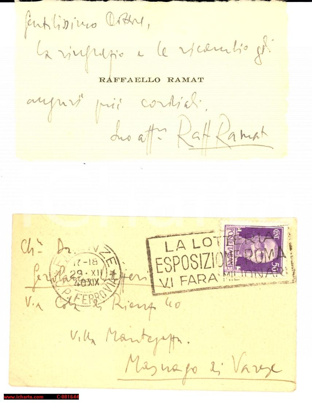 Autografo originale 1940 FIRENZE Biglietto auguri Raffaello RAMAT - Autografo 1