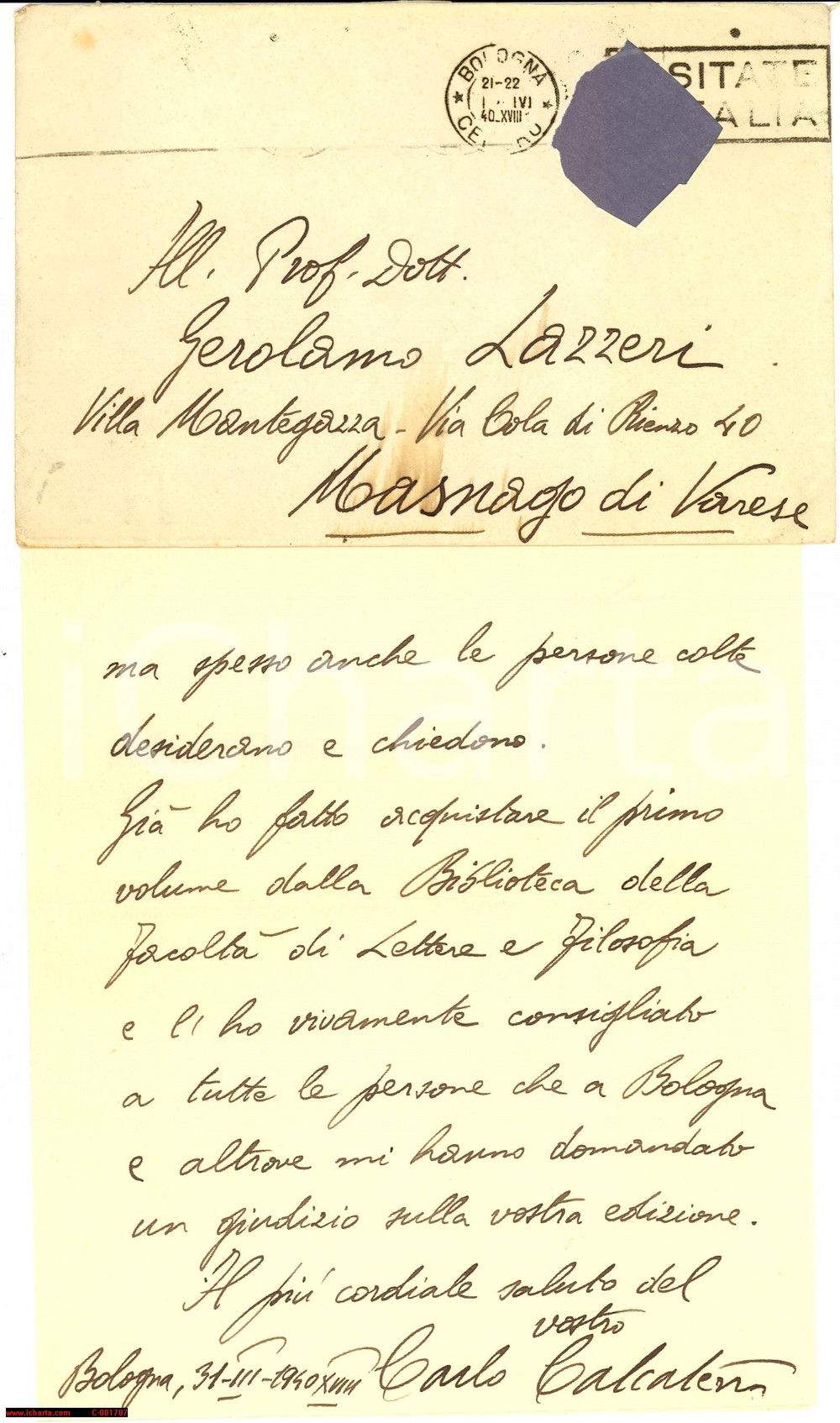 Autografo originale 1940 BOLOGNA Lettera Carlo CALCATERRA a Gerolamo LAZZERI - Autografo 1