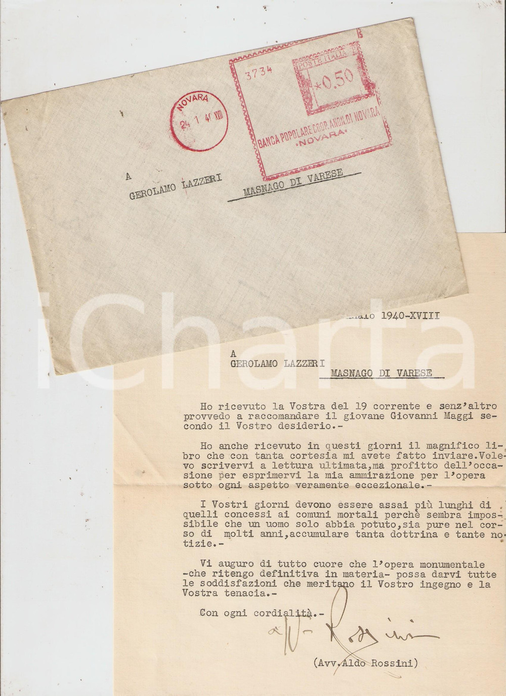 Autografo originale 1940 NOVARA Senatore Aldo ROSSINI raccomanda un giovane - Autografo 1