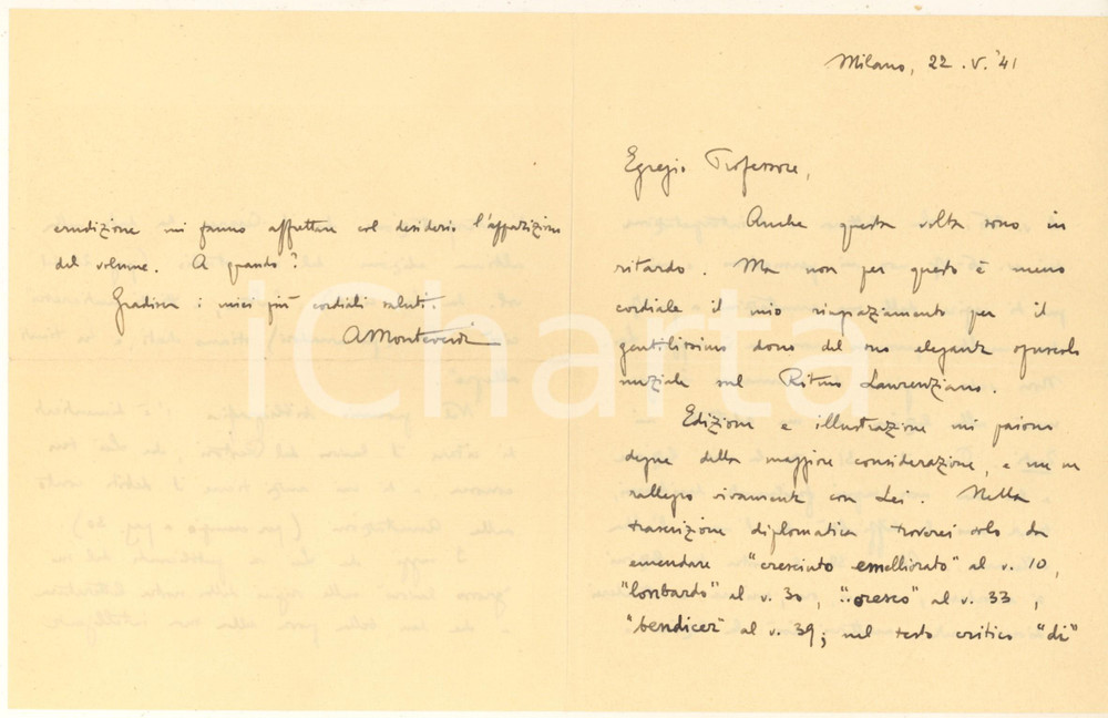 Autografo originale 1941 MILANO Angelo MONTEVERDI corregge Ritmo Laurenziano Gerolamo LAZZERI 1