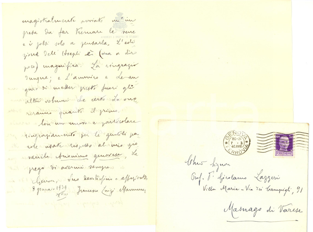 Autografo originale 1939 GENOVA Francesco Luigi MANNUCCI loda opera LAZZERI  Autografo 1