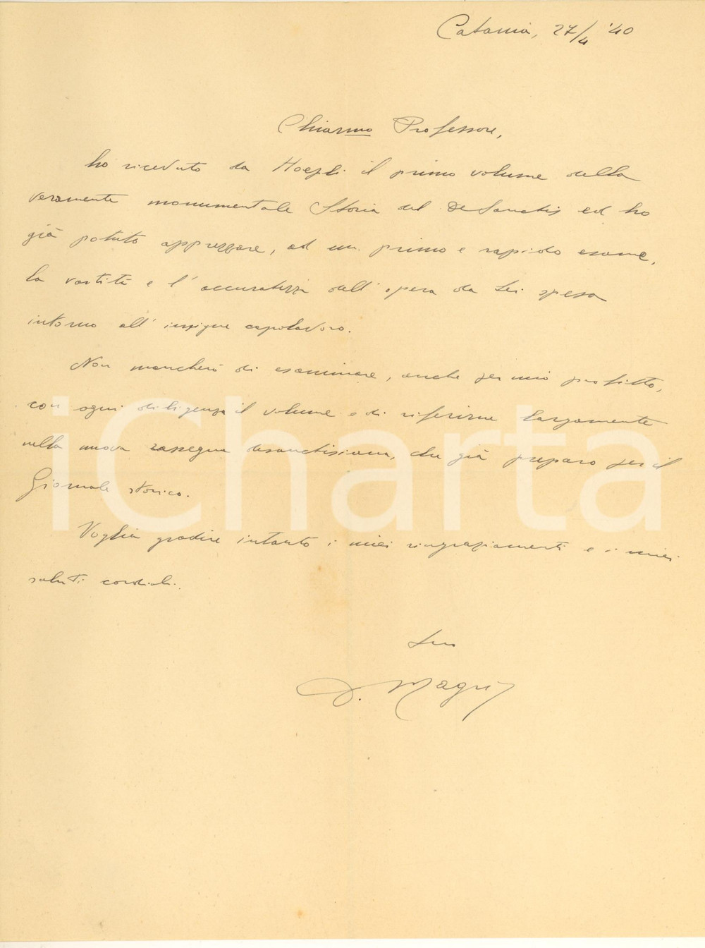 Autografo originale 1940 CATANIA Verano MAGNI promette recensione a LAZZERI  Autografo 1