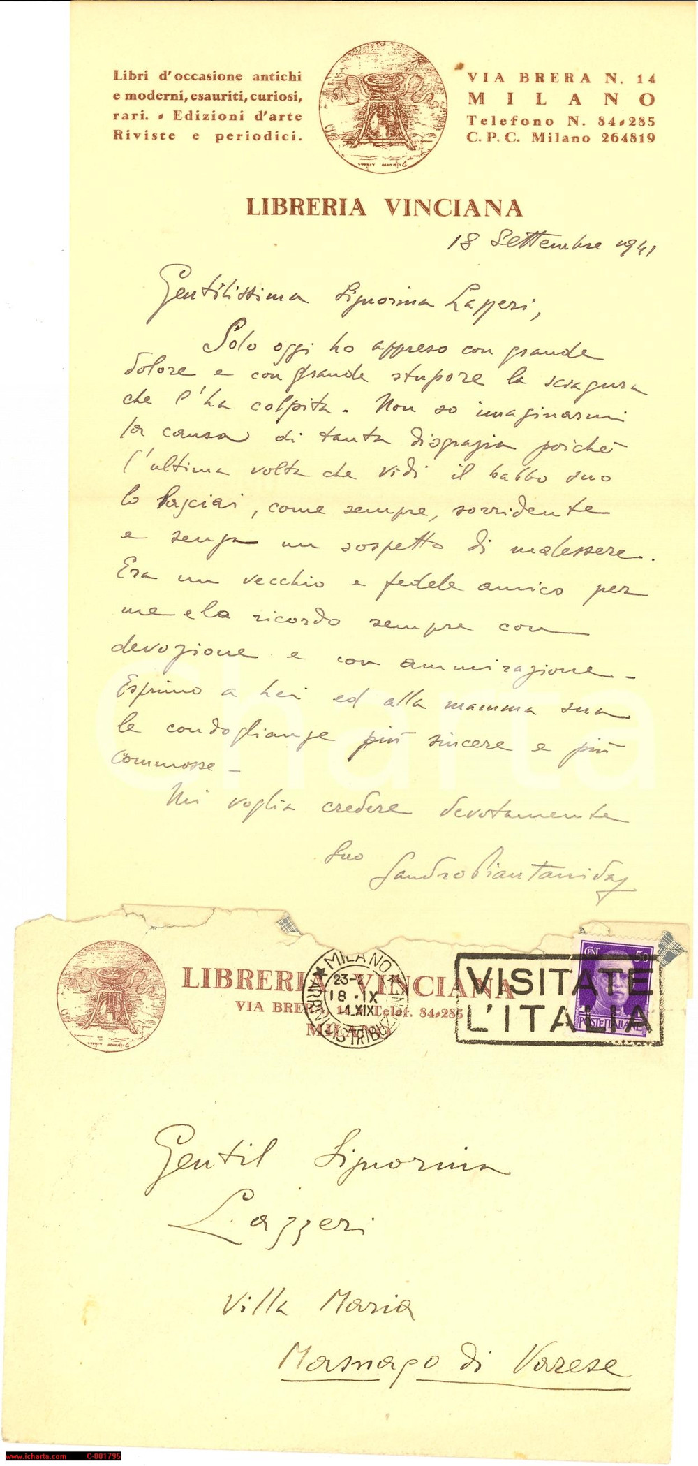 Autografo originale 1941 MILANO Sandro PIANTANIDA in morte di Gerolamo LAZZERI  Autografo 1